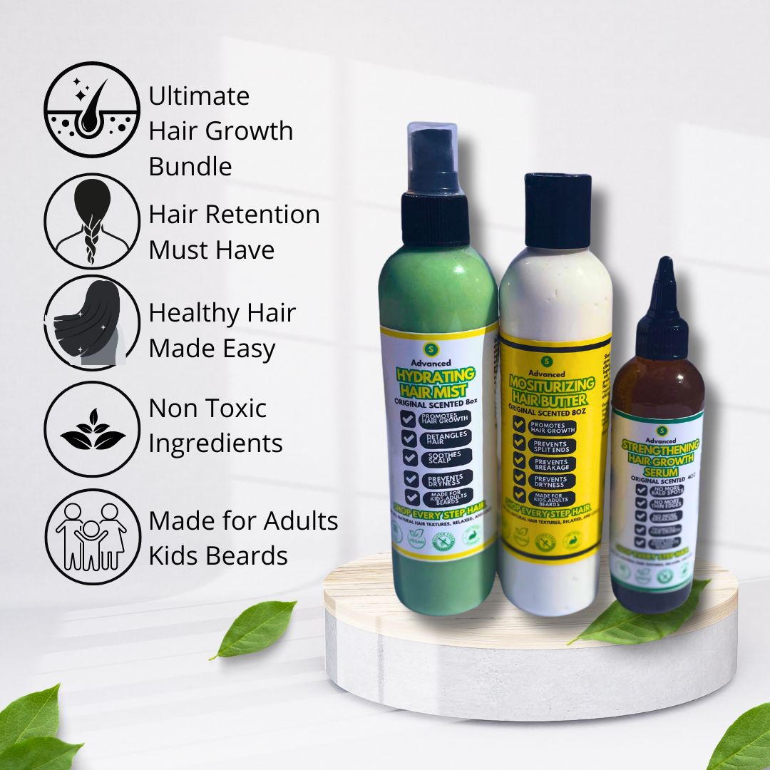 Relying on just one product won't deliver the hair retention and growth you desire. However, when you combine these three powerhouse products, you'll achieve amazing results that truly elevate your hair game!
Our Hydrate, Moisturize, and Seal Bundle is specially crafted for the unique needs of natural hair, providing the perfect solution to achieve long, head-turning locks.
This bundle includes our Advanced Growth Hydrating Hair Mist, a refreshing spray infused with natural botanicals that delivers an ins