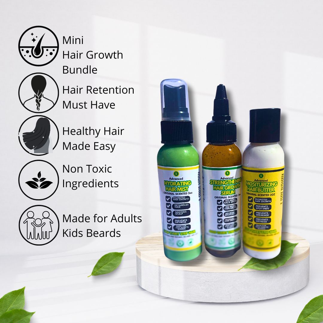 Relying on just one product won't deliver the hair retention and growth you desire. However, when you combine these three powerhouse products, you'll achieve amazing results that truly elevate your hair game!
Our Hydrate, Moisturize, and Seal Bundle is specially crafted for the unique needs of natural hair, providing the perfect solution to achieve long, head-turning locks.
This bundle includes our Advanced Growth Hydrating Hair Mist, a refreshing spray infused with natural botanicals that delivers an ins